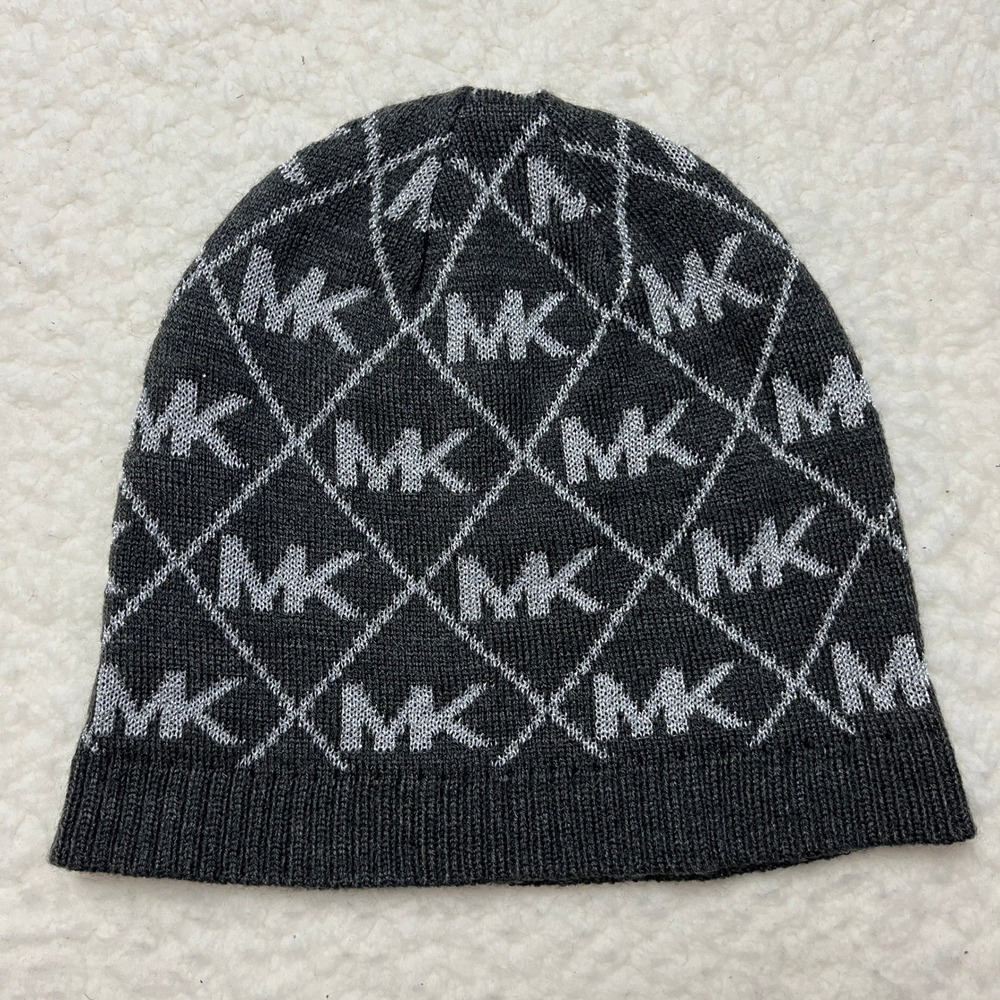 Michael Kors‎ Beanie Hat Charcoal Grey Silver Metallic MK Logo Monogram Knit